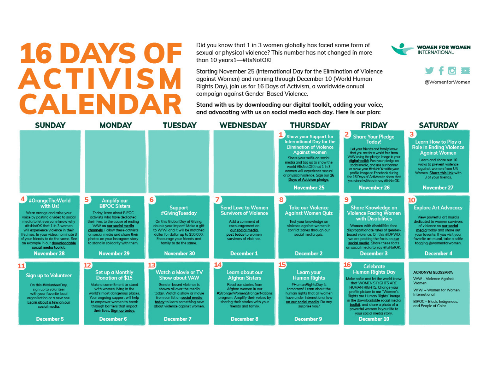 16 Days Activity Calendar